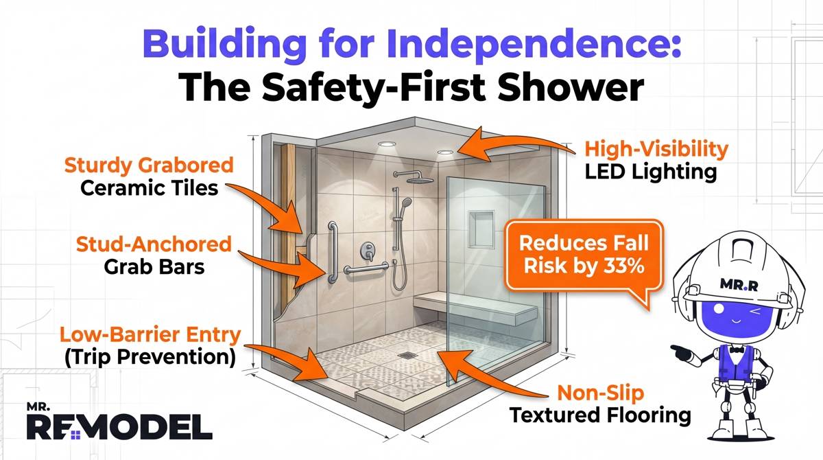 A technical diagram showing the specific safety features required for an aging-in-place bathroom, such as low-barrier entries and stud-mounted grab bars.